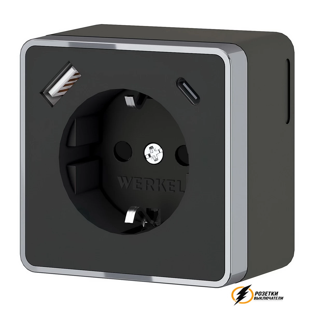 Розетка с USB зарядкой накладная 2 порта А+C 3,0 mA Werkel Gallant чёрная хром