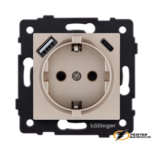 Розетка с USB зарядкой 2 порта А+C 2400mA Kollinger Aspekt золото