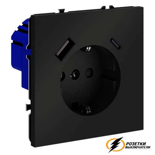 Розетка с USB зарядкой 2 порта, А+C 3,2 mA Voltum S70 черный VLS040507
