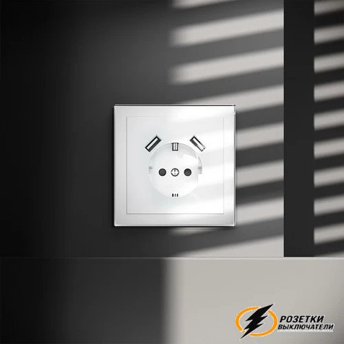Розетка с USB зарядкой 2 порта, А 3,2 mA Voltum S70 белая глянцевая VLS040400