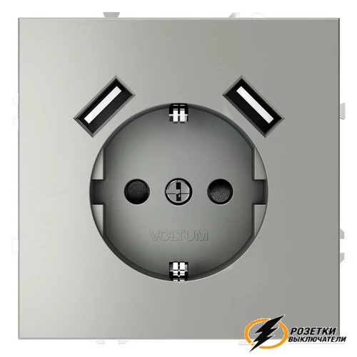 Розетка с USB зарядкой 2 порта, А 3,2 mA Voltum S70 сталь VLS040404