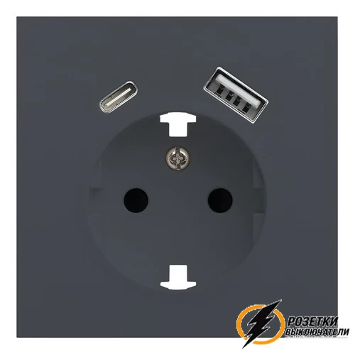 Розетка с USB зарядкой 2 порта А+C 2,4mA Rikett базальт