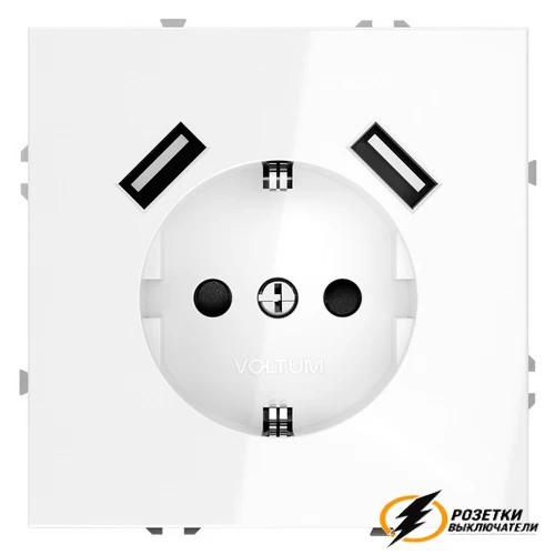 Розетка с USB зарядкой 2 порта, А 3,2 mA Voltum S70 белая глянцевая VLS040400