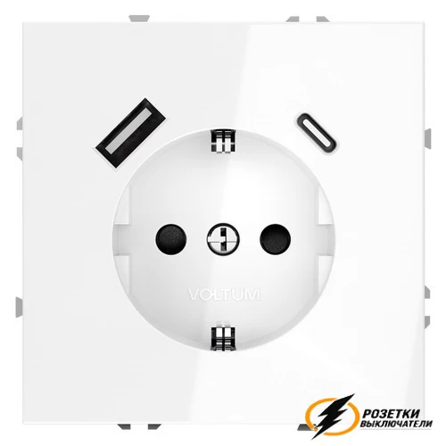 Розетка с USB зарядкой 2 порта, А+C 3,2 mA Voltum S70 белая глянцевая VLS040500
