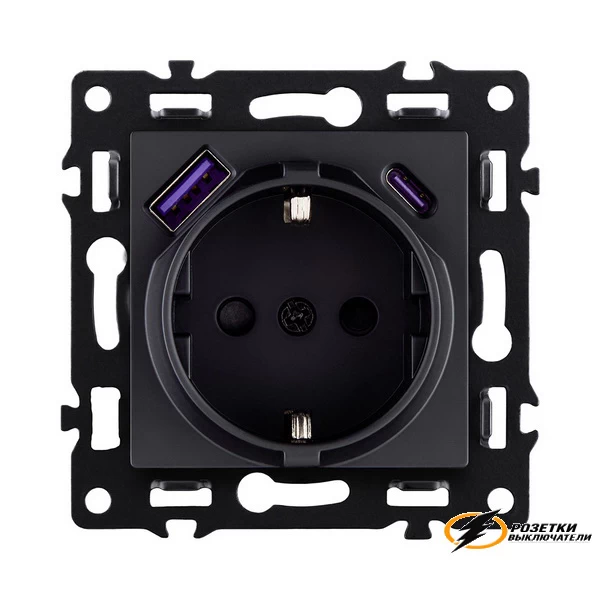 Розетка с USB зарядкой 2 порта А+C 2400mA Kollinger Asthetik черная матовая