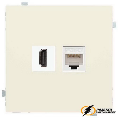 Розетка двойная HDMI + интернет rj45 cat 5 Rikett кремовый сатин