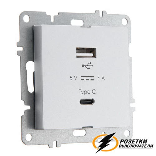 Зарядка USB 2 порта А+C 4000mA 20В Arvia металлик