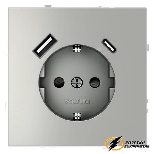 Розетка с USB зарядкой 2 порта, А+C 3,2 mA Voltum S70 сталь VLS040504