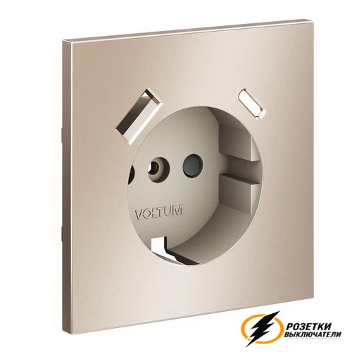 Розетка с USB зарядкой 2 порта, А+C 3,2 mA Voltum S70 Metal платина VLSM001010+VLS0405M