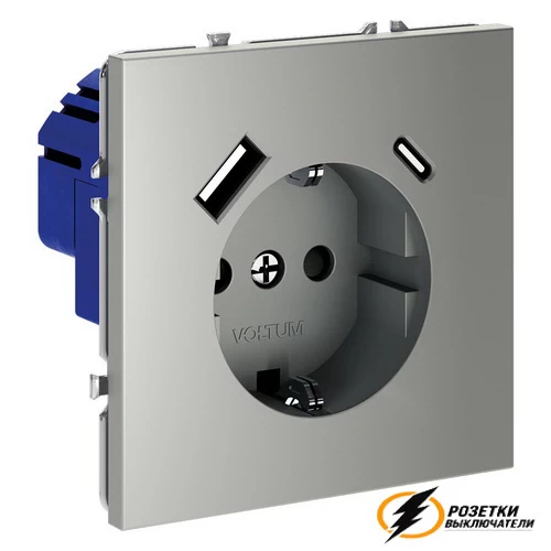 Розетка с USB зарядкой 2 порта, А+C 3,2 mA Voltum S70 сталь VLS040504