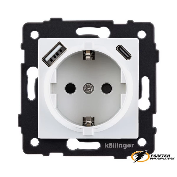 Розетка с USB зарядкой 2 порта А+C 2400mA Kollinger Aspekt белая