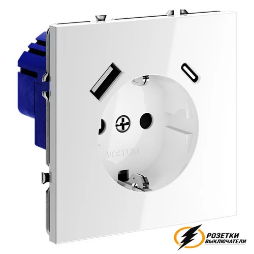 Розетка с USB зарядкой 2 порта, А+C 3,2 mA Voltum S70 белая глянцевая VLS040500