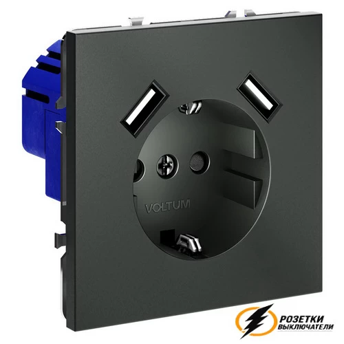 Розетка с USB зарядкой 2 порта, А 3,2 mA Voltum S70 титан VLS040405