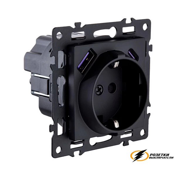 Розетка с USB зарядкой 2 порта А+C 2400mA Kollinger Asthetik черная матовая