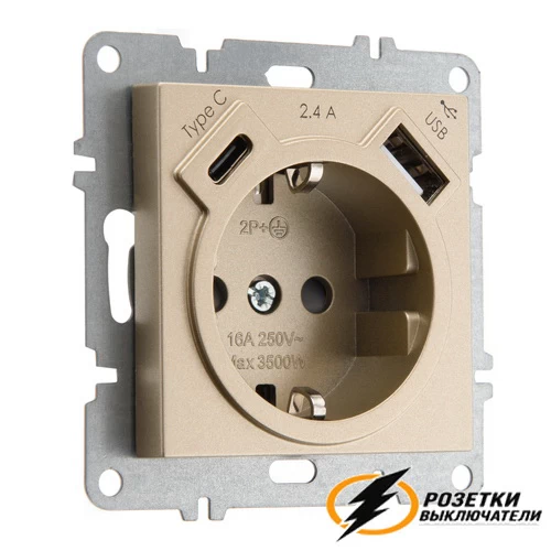Розетка с USB зарядкой 2 порта А+C 2400mA Arvia шампань