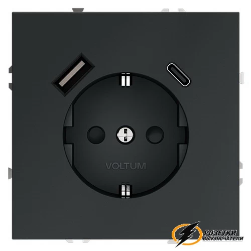 Розетка с USB зарядкой 2 порта, А+C 3,2 mA Voltum S70 графит VLS040506
