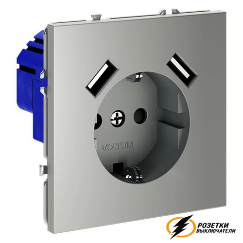 Розетка с USB зарядкой 2 порта, А 3,2 mA Voltum S70 сталь VLS040404