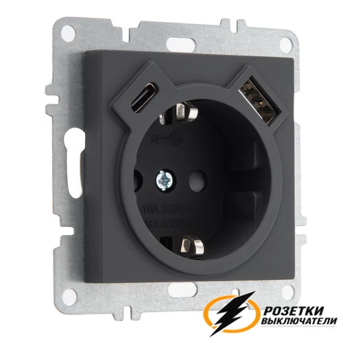 Розетка с USB зарядкой 2 порта А+C 2400mA Arvia черная софт