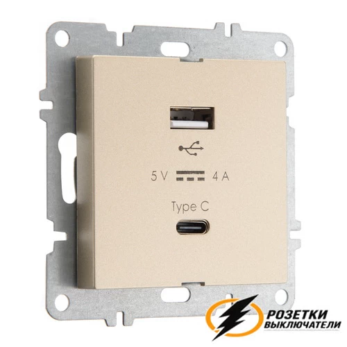 Зарядка USB 2 порта А+C 4000mA 20В Arvia шампань