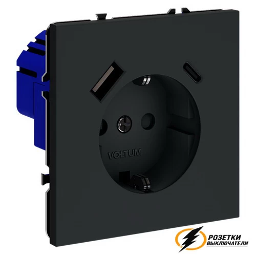 Розетка с USB зарядкой 2 порта, А+C 3,2 mA Voltum S70 графит VLS040506