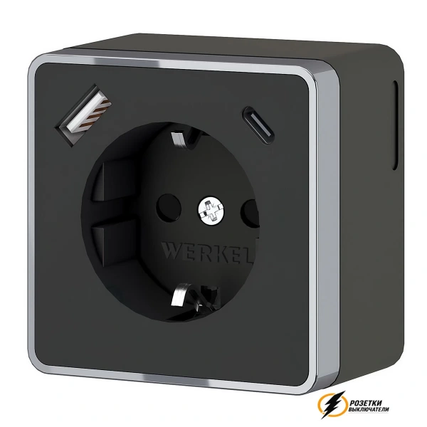 Розетка с USB зарядкой накладная 2 порта А+C 3,0 mA Werkel Gallant чёрная хром
