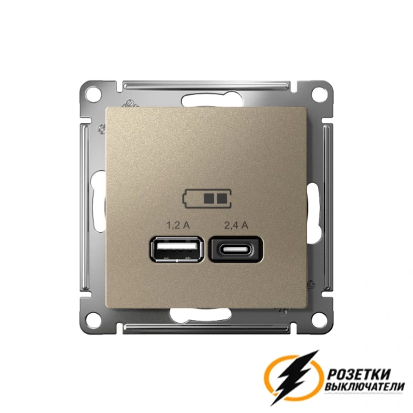 Зарядка USB 2 порта А+C 2,4 mA AtlasDesign шампань