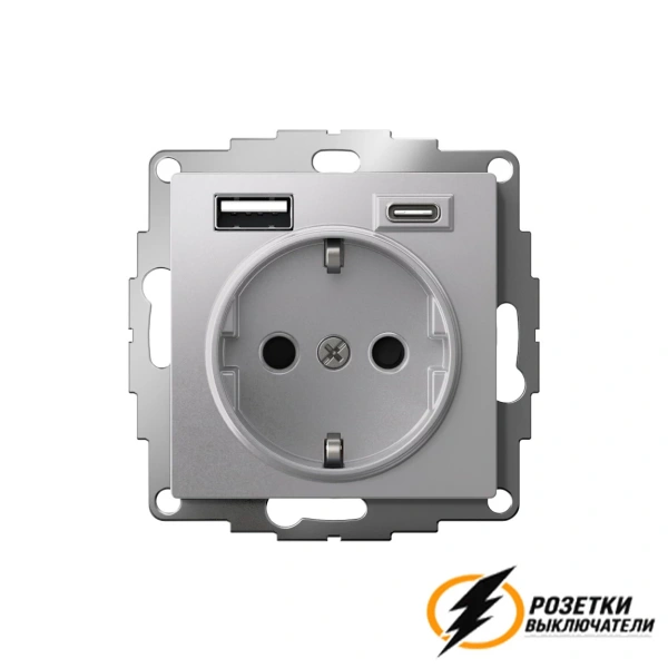 Розетка с USB зарядкой 2 порта А+C 3,0 mA AtlasDesign алюминий