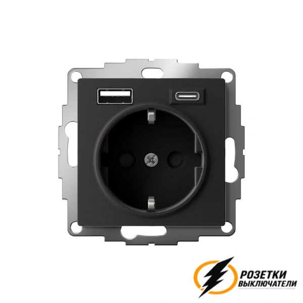 Розетка с USB зарядкой 2 порта А+C 3,0 mA AtlasDesign карбон