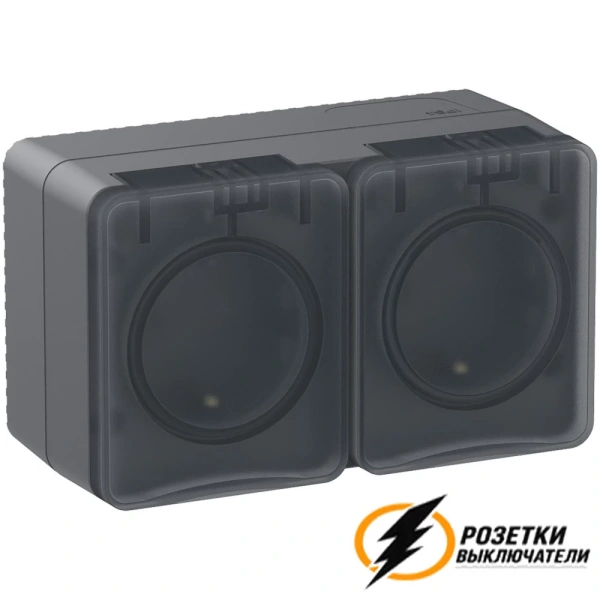 Розетка накладная двойная с прозрачной крышкой ip54 16а 250в AtlasDesign Profi антрацит