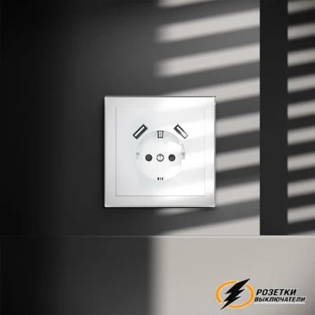 Розетка с USB зарядкой 2 порта, А 3,2 mA Voltum S70 белая глянцевая VLS040400