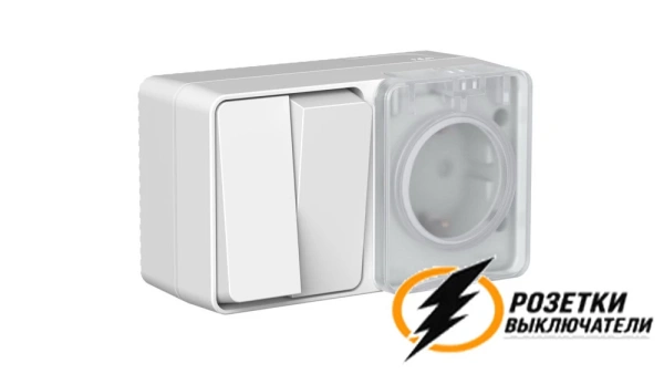 Розетка с выключателем двухлавишеым накладная ip54 16/10а 250в AtlasDesign Profi серая