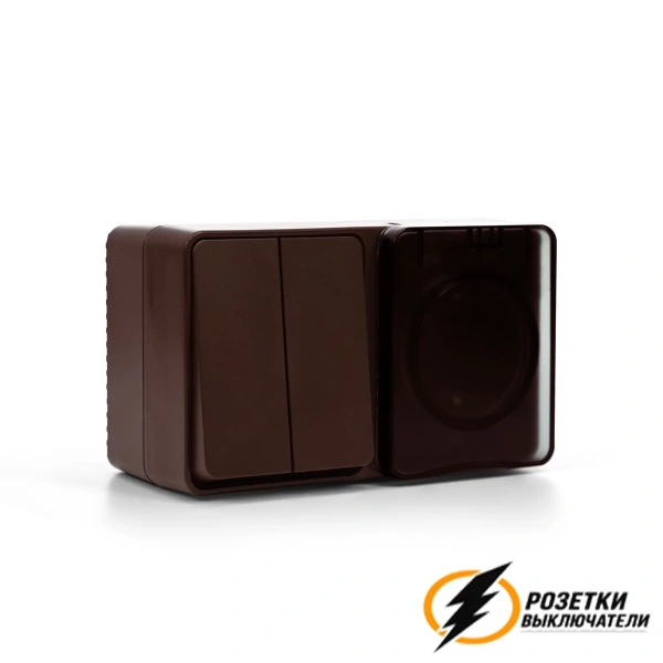 Розетка с выключателем двухлавишеым накладная ip54 16/10а 250в AtlasDesign Profi коричневая