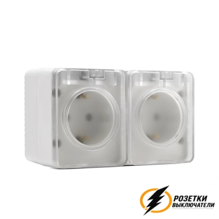 Розетка накладная двойная с прозрачной крышкой ip54 16а 250в AtlasDesign Profi белая