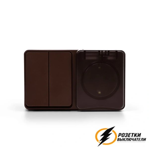 Розетка с выключателем двухлавишеым накладная ip54 16/10а 250в AtlasDesign Profi коричневая