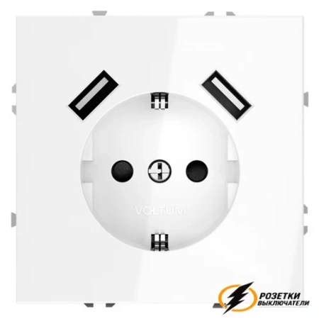 Розетка с USB зарядкой 2 порта, А 3,2 mA Voltum S70 белая глянцевая VLS040400