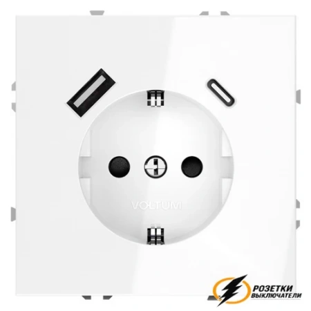 Розетка с USB зарядкой 2 порта, А+C 3,2 mA Voltum S70 белая глянцевая VLS040500