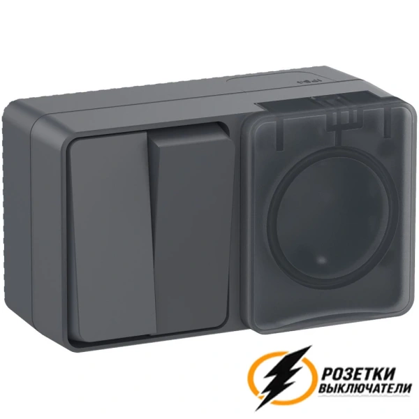 Розетка с выключателем двухлавишеым накладная ip54 16/10а 250в AtlasDesign Profi антрацит