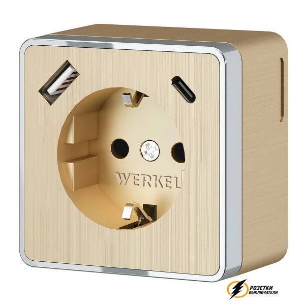 Розетка с USB зарядкой накладная 2 порта А+C 3,0 mA Werkel Gallant шампань рифленая