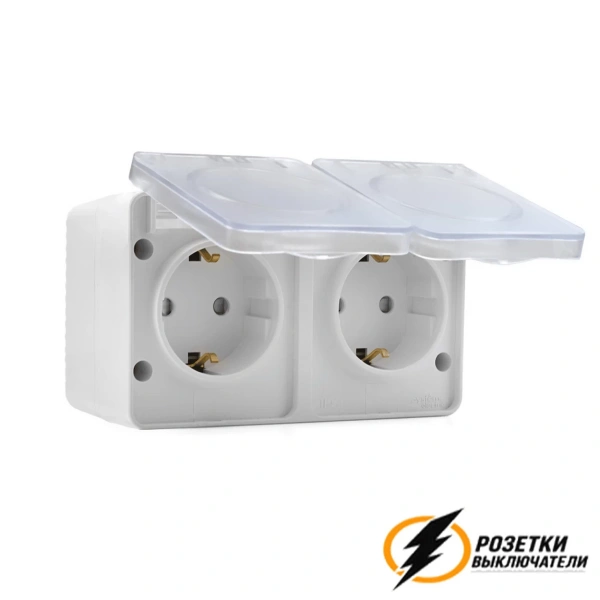 Розетка накладная двойная с прозрачной крышкой ip54 16а 250в AtlasDesign Profi белая