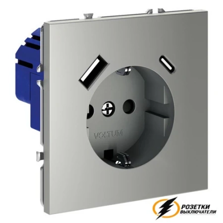 Розетка с USB зарядкой 2 порта, А+C 3,2 mA Voltum S70 сталь VLS040504