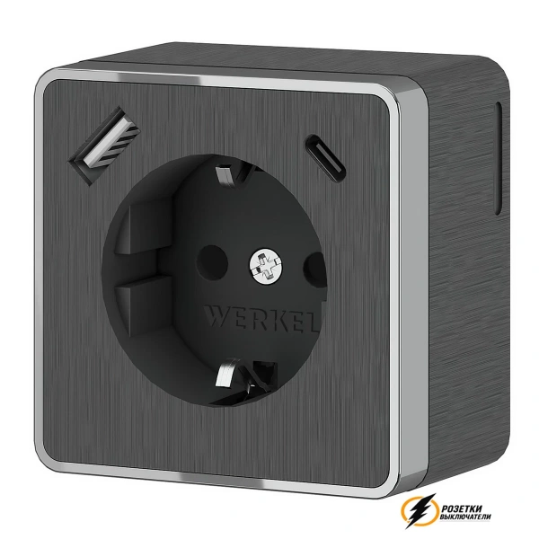 Розетка с USB зарядкой накладная 2 порта А+C 3,0 mA Werkel Gallant графит рифленая