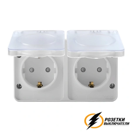 Розетка накладная двойная с прозрачной крышкой ip54 16а 250в AtlasDesign Profi белая