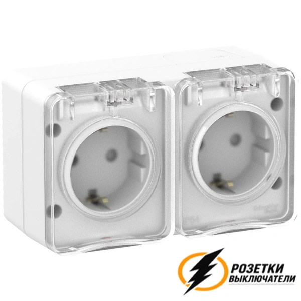 Розетка накладная двойная с прозрачной крышкой ip54 16а 250в AtlasDesign Profi белая