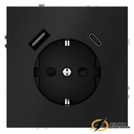 Розетка с USB зарядкой 2 порта, А+C 3,2 mA Voltum S70 черный VLS040507
