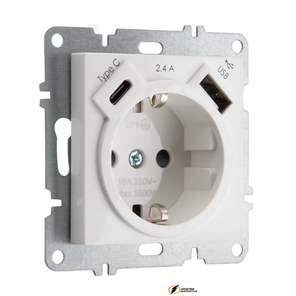 Розетка с USB зарядкой 2 порта А+C 2400mA Arvia белая