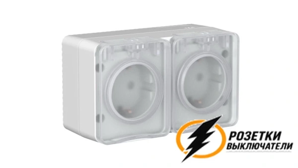 Розетка накладная двойная с прозрачной крышкой ip54 16а 250в AtlasDesign Profi серая