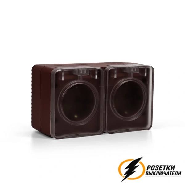 Розетка накладная двойная с прозрачной крышкой ip54 16а 250в AtlasDesign Profi коричневая