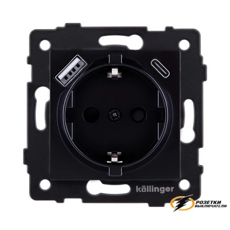 Розетка с USB зарядкой 2 порта А+C 2400mA Kollinger Aspekt черная