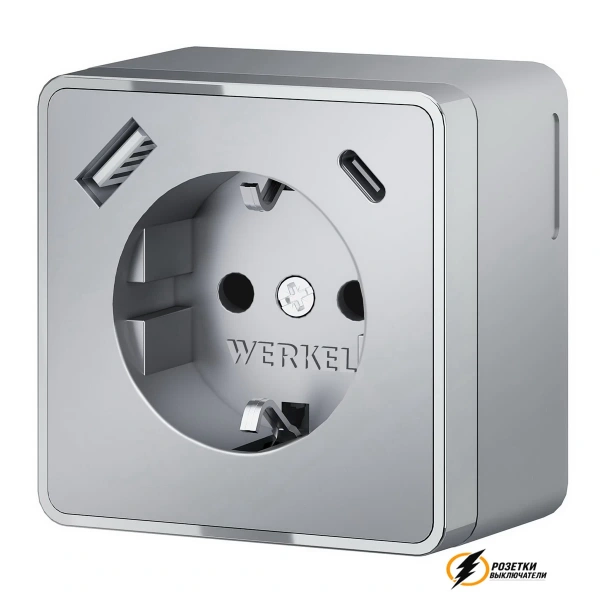 Розетка с USB зарядкой накладная 2 порта А+C 3,0 mA Werkel Gallant серебряная