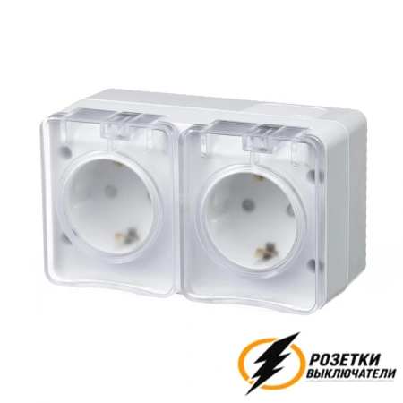 Розетка накладная двойная с прозрачной крышкой ip54 16а 250в AtlasDesign Profi белая